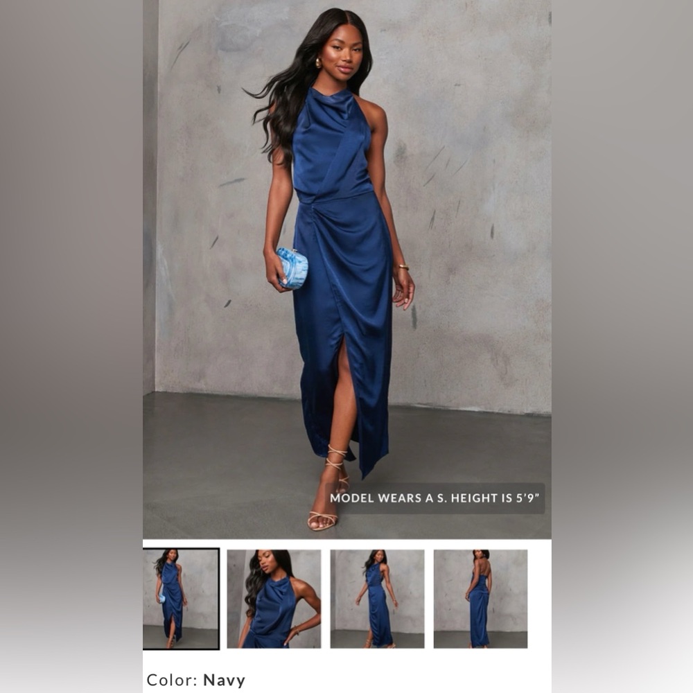Vici Navy Halter Neck Satin Maxi Dress - Picture 3 of 6